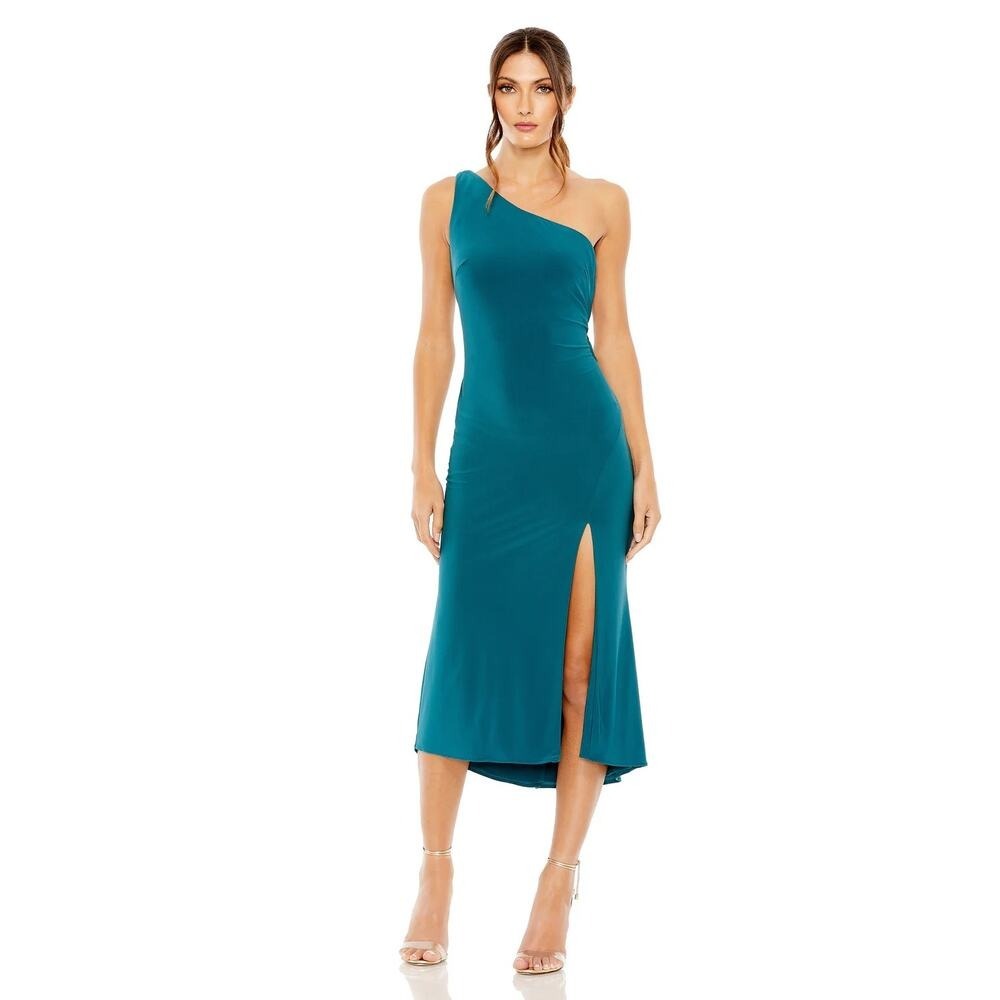 Mac Duggal Teal Asymmetric Midi Dress